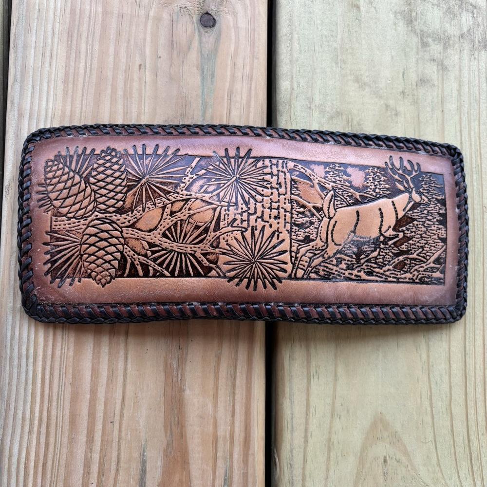 Vintage BiFold Leather Wallet Deer Hunting Hand Tooled Handmade Whipstitch USA